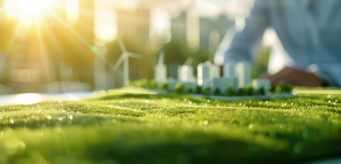 Eco-friendly city model with wind turbine in a lush green environment representing sustainable urban development concepts.